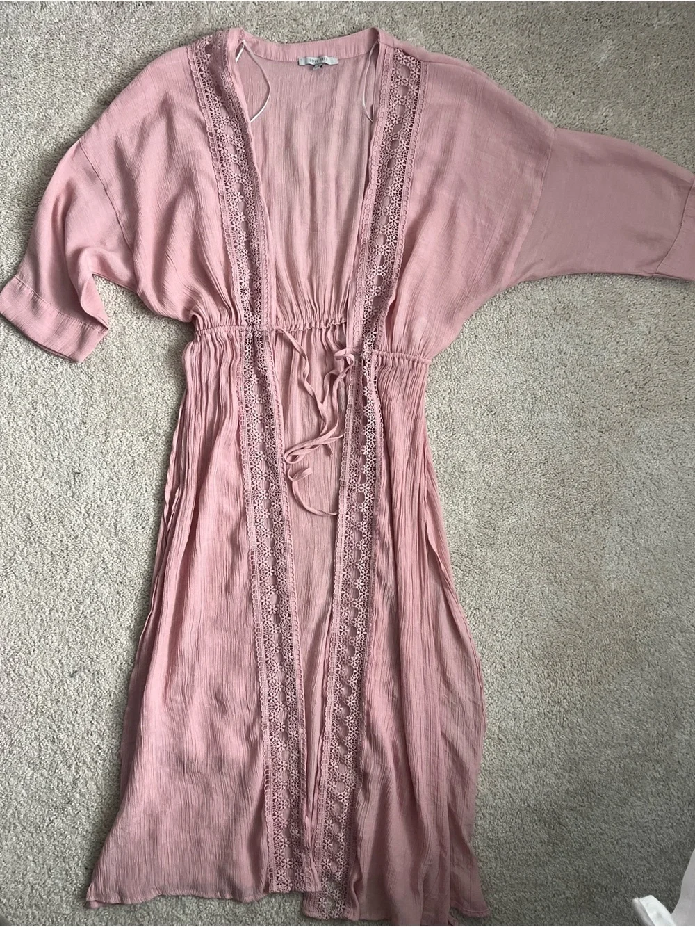 Love Tree Blush Pink Crochet Trim Kimono Duster Cardigan - Picture 9 of 10